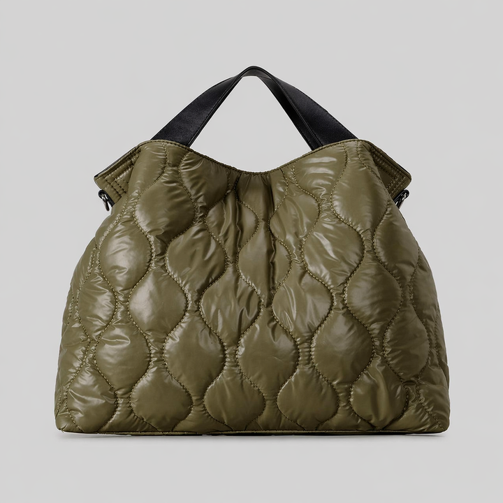 Black Quilted Puffer Shoulder Tote Bag with Top Handle - VARENA