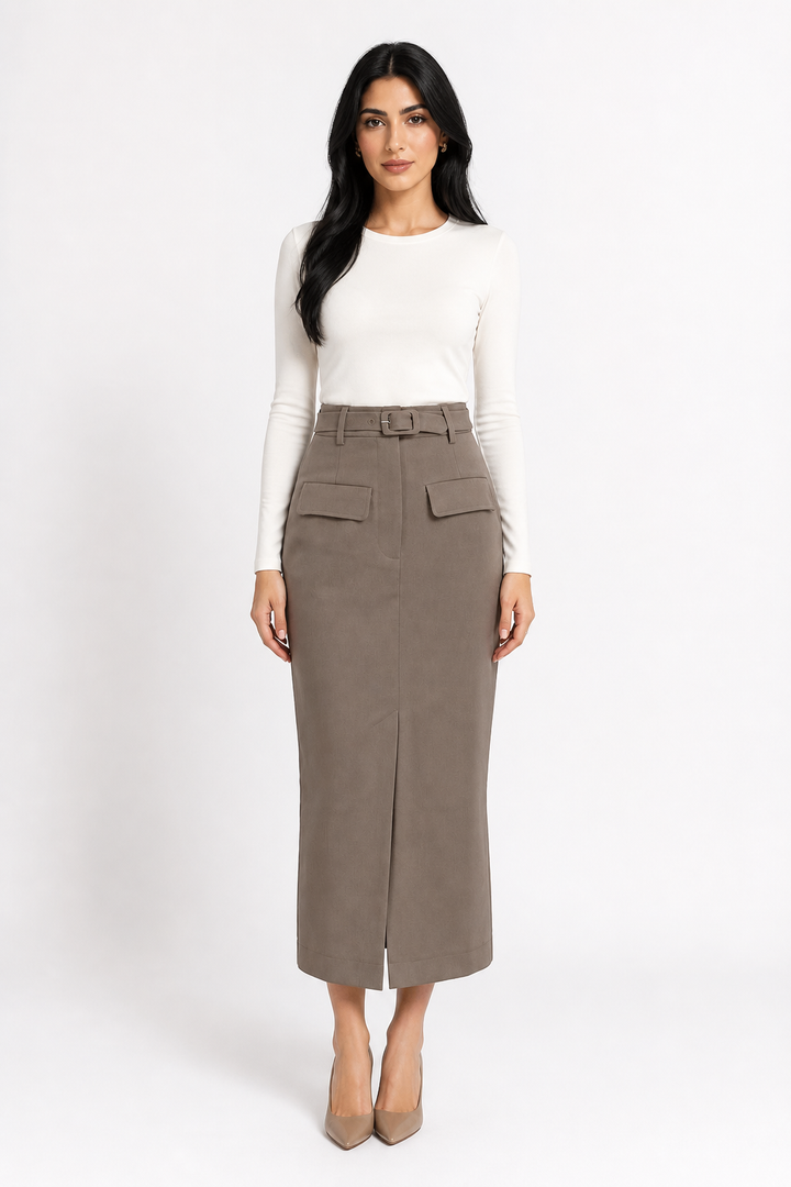 Taupe Belted Midi Pencil Skirt with Front Slit – AVERA