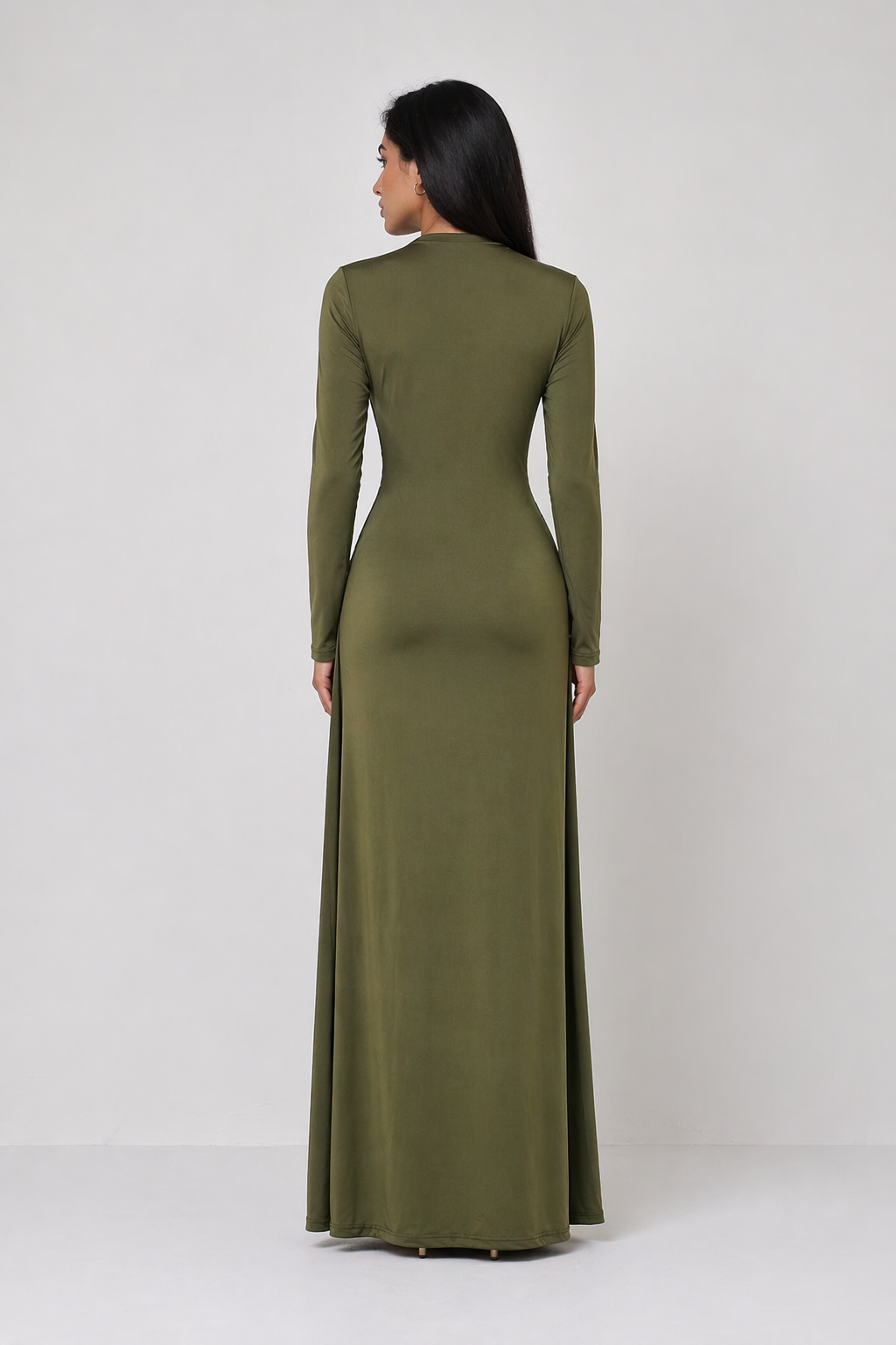 Olive Green Ruched Maxi Dress with Deep V Neck - ZELORA