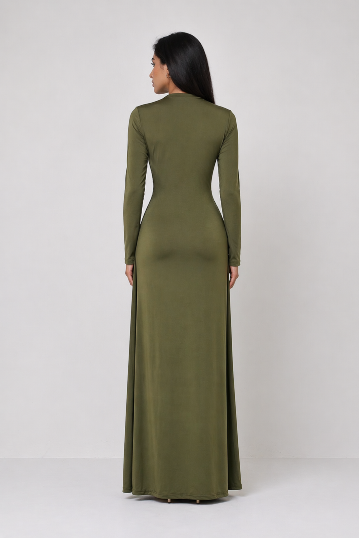 Olive Green Ruched Maxi Dress with Deep V Neck - ZELORA