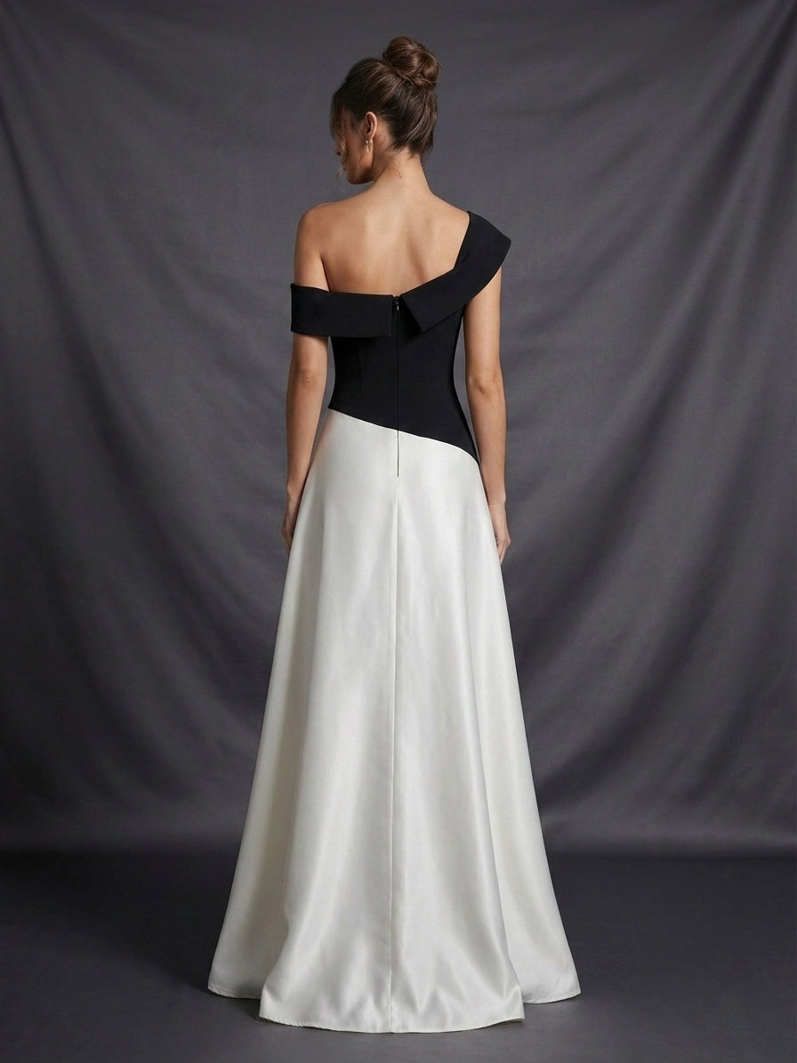 one-shoulder contrast satin maxi dress – MONO