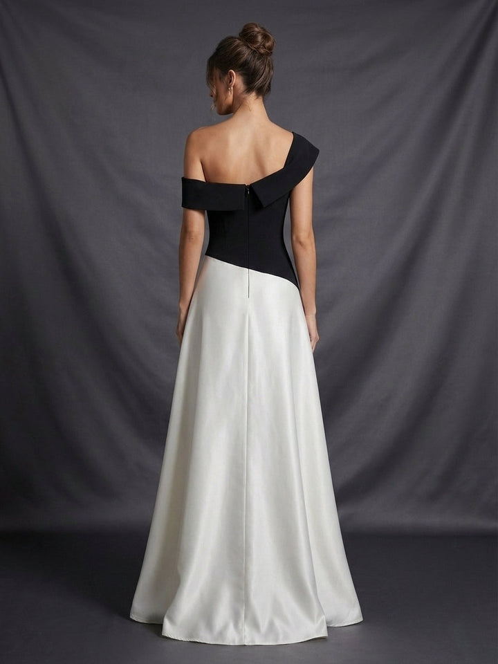 one-shoulder contrast satin maxi dress – MONO