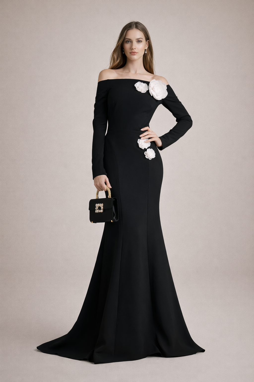 off-shoulder mermaid gown with floral appliqué – ATF