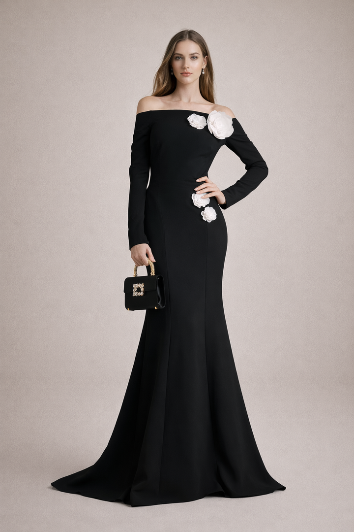 off-shoulder mermaid gown with floral appliqué – ATF