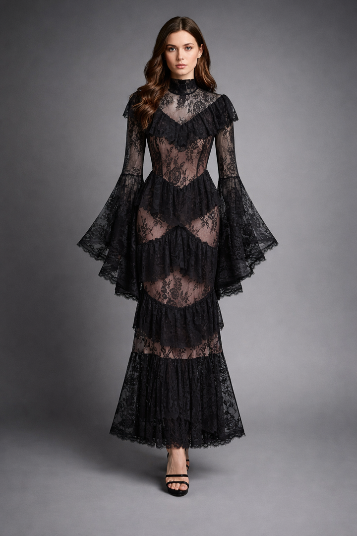 high neck lace ruffle dress with sheer panels – NOIR