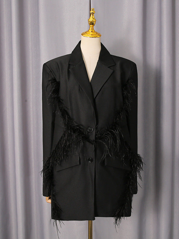 oversized blazer with feather trim detailing – NOIRÉ