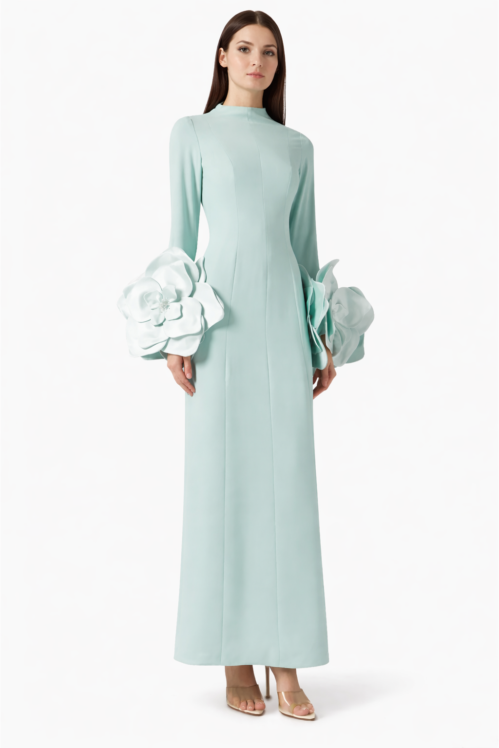 high-neck maxi dress with sculptural floral sleeves – AHMED
