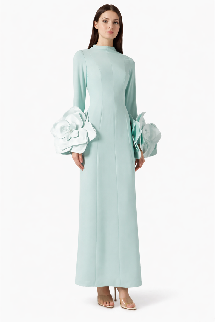 high-neck maxi dress with sculptural floral sleeves – AHMED