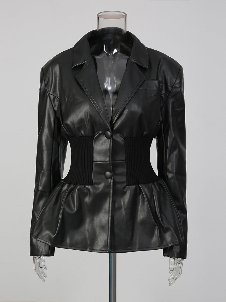 long sleeve faux leather blazer with cinched waist detail – NOIR
