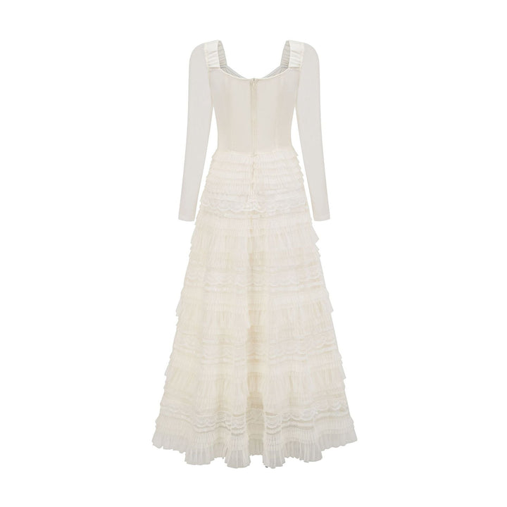 long-sleeve lace and tulle maxi dress with ribbon detail – BELLE