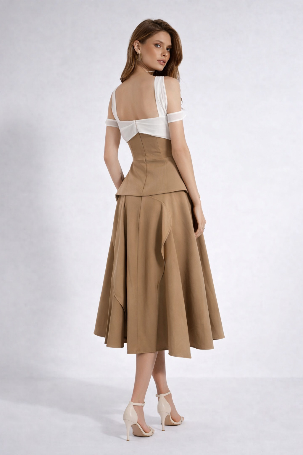 strapless draped midi dress with contrast chiffon neckline – DESERT