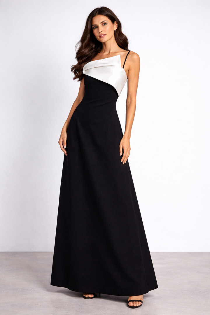Name: one-shoulder satin midi dress with contrast fold detail – NOIRIA