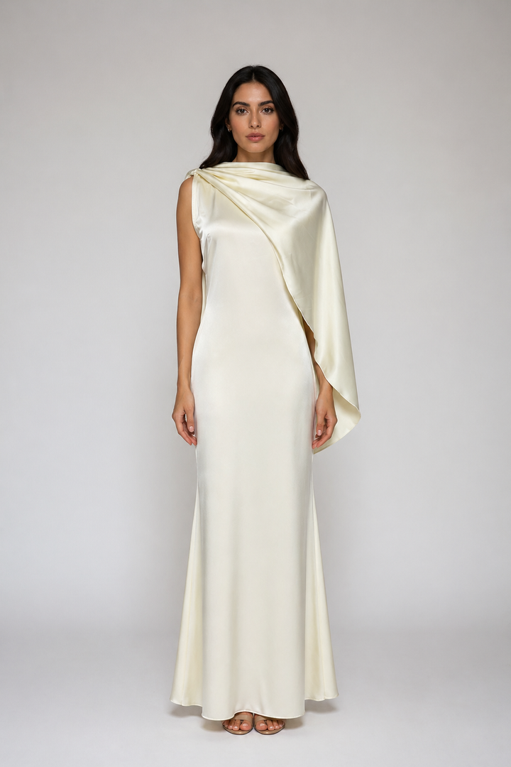Ivory One-Shoulder Draped Satin Maxi Dress - SERENA