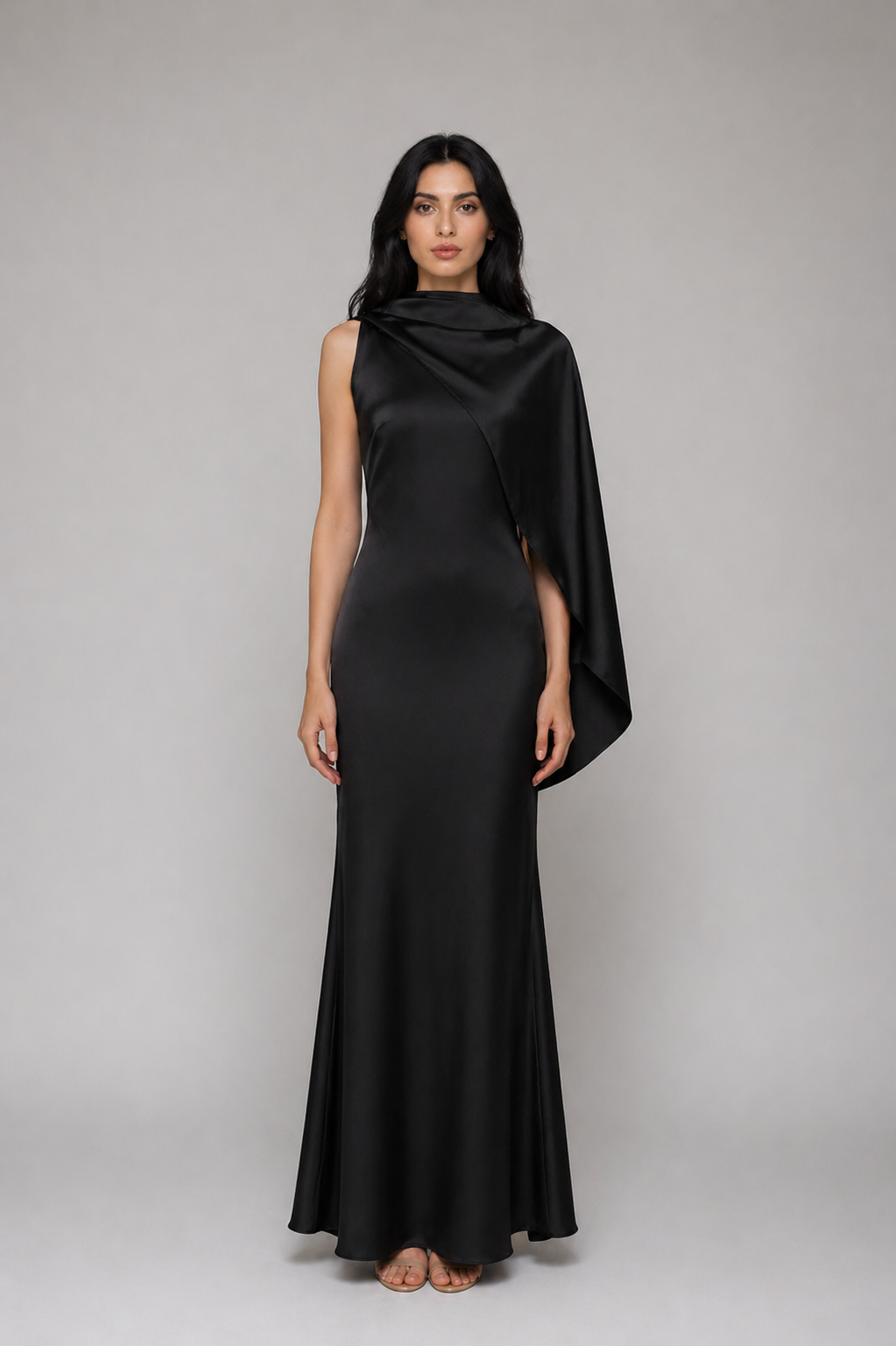 Ivory One-Shoulder Draped Satin Maxi Dress - SERENA