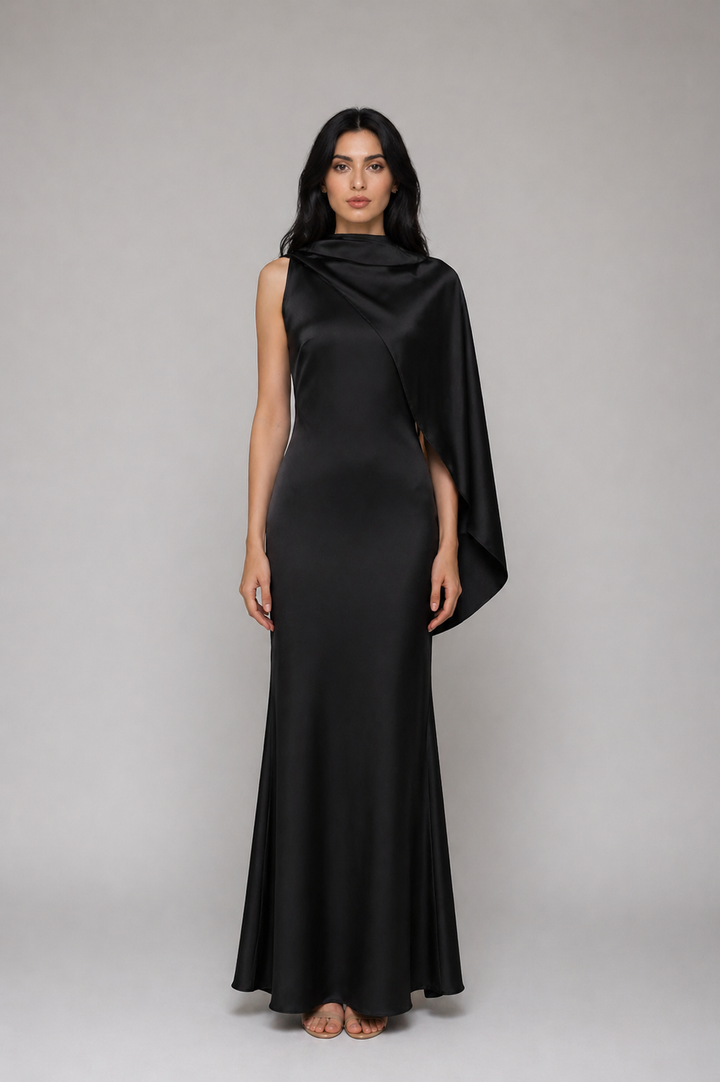 Ivory One-Shoulder Draped Satin Maxi Dress - SERENA