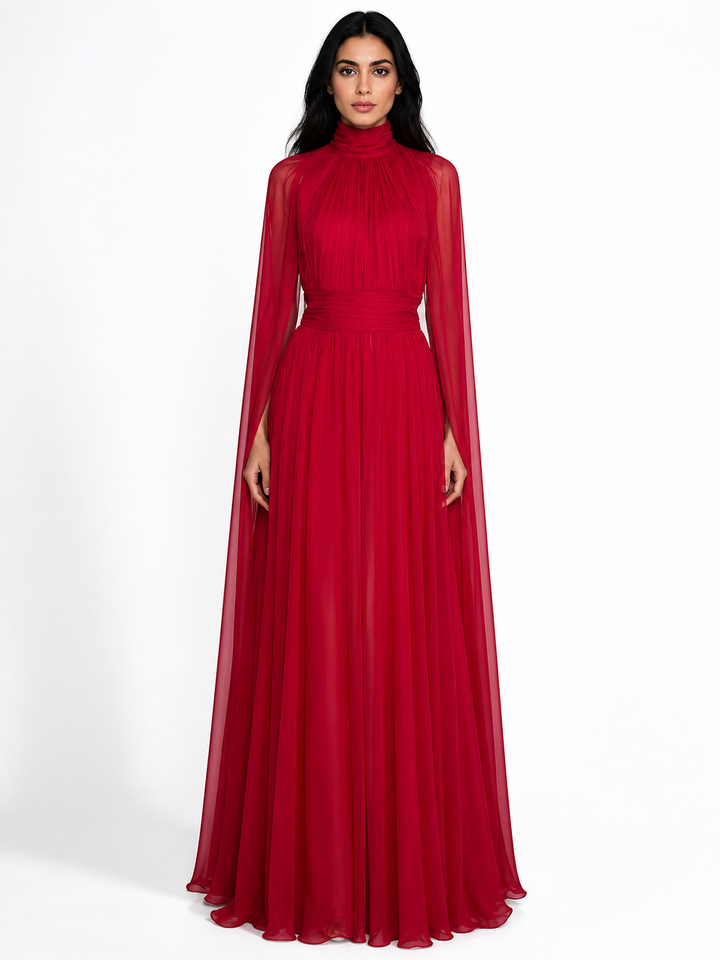 Red High-Neck Pleated Chiffon Maxi Dress – ÉLÉVRA