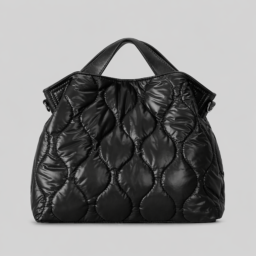 Black Quilted Puffer Shoulder Tote Bag with Top Handle - VARENA
