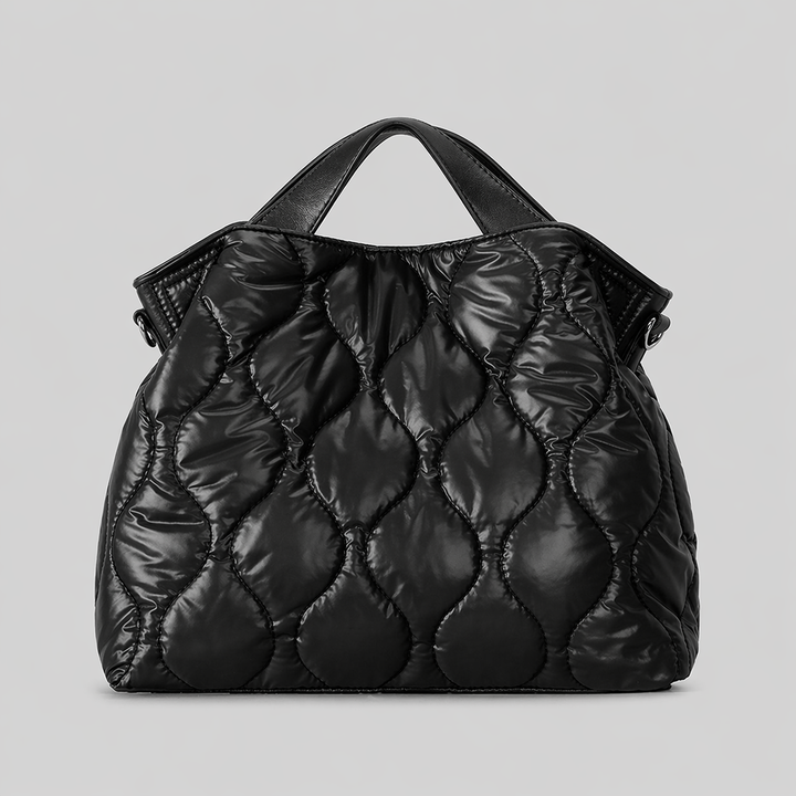 Black Quilted Puffer Shoulder Tote Bag with Top Handle - VARENA