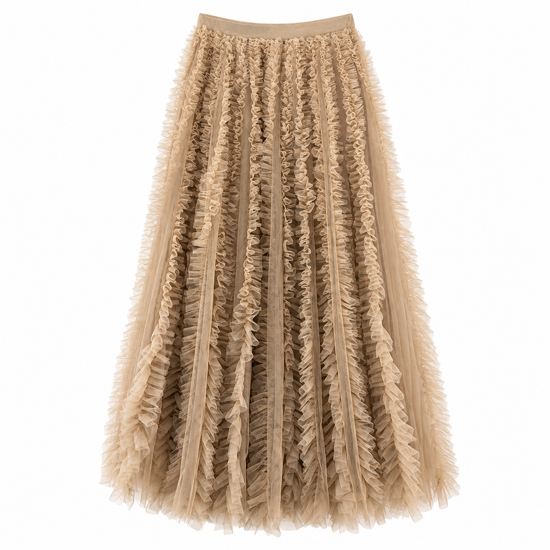 Beige Ruffled Tulle Maxi Skirt – AURÉLIA
