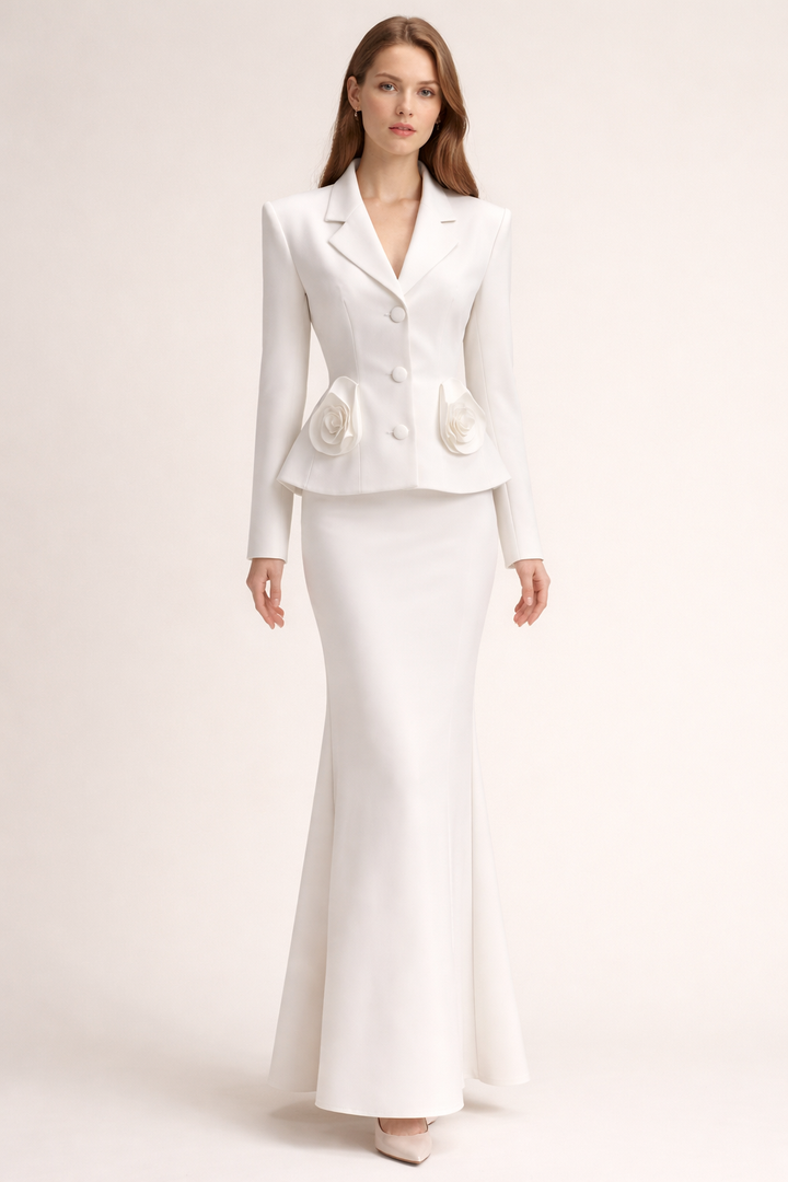 fitted blazer with floral waist detail and midi skirt set – PEARL