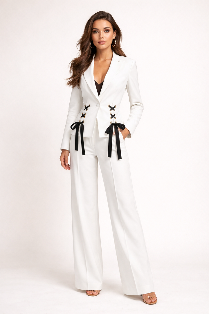 tailored blazer and wide-leg pants set with lace-up waist detail – EMERALD