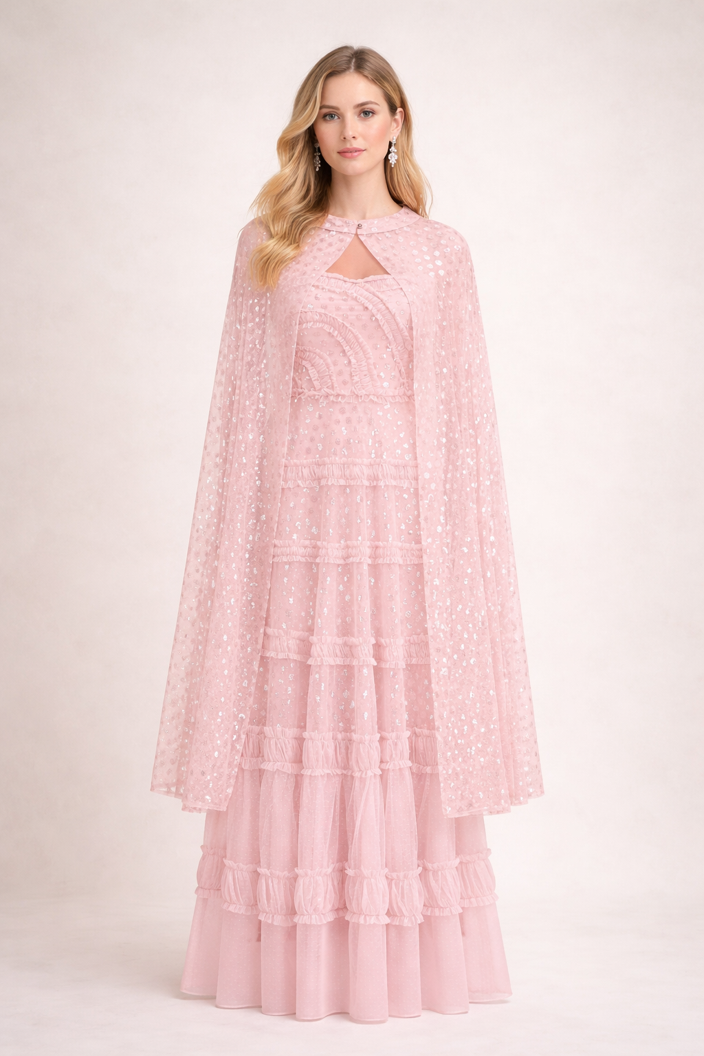 layered tulle maxi dress with sheer cape overlay – AZURE