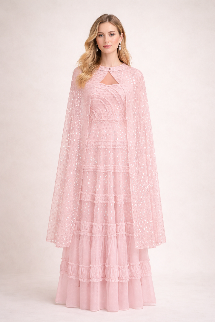 layered tulle maxi dress with sheer cape overlay – AZURE