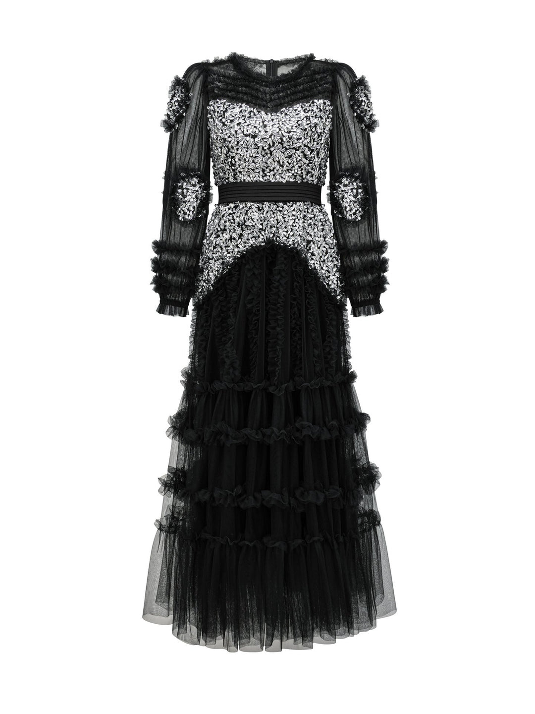 long-sleeve sequin bodice dress with layered tulle skirt – LUXE