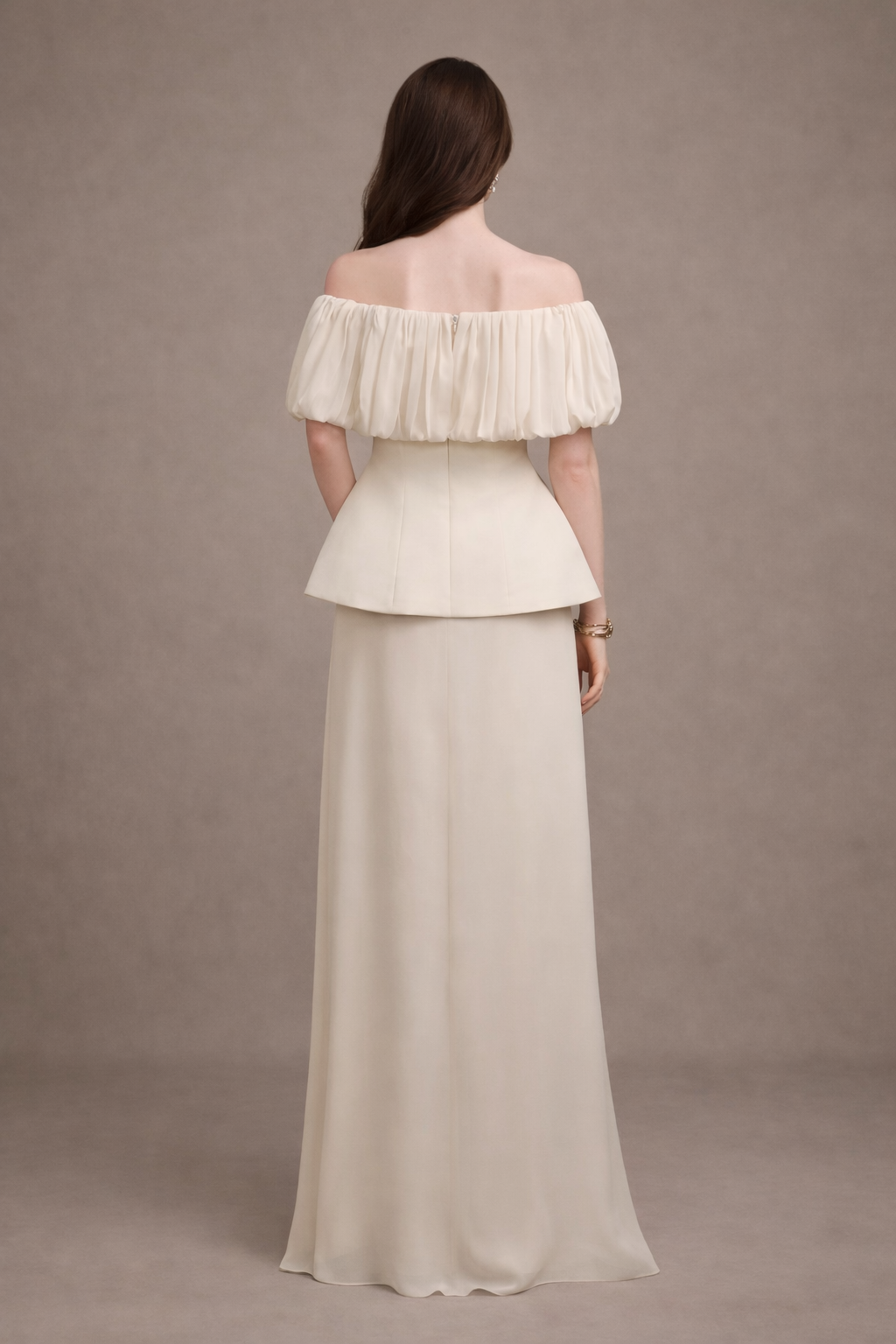 strapless peplum dress with ruched off-shoulder overlay – AURELIA