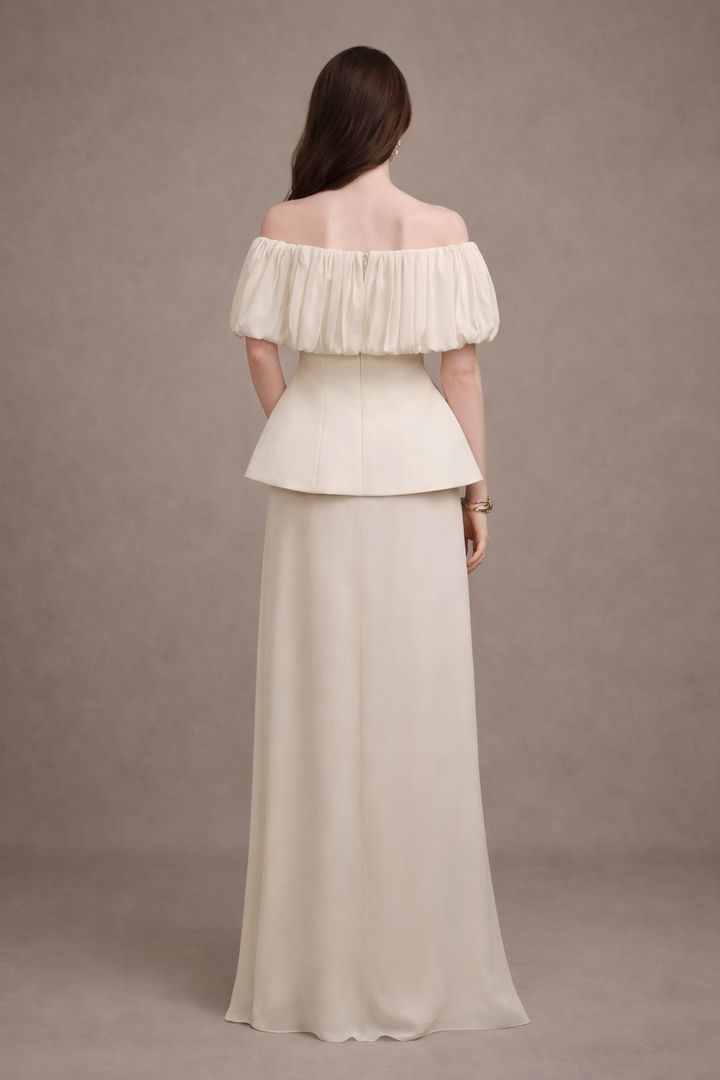 strapless peplum dress with ruched off-shoulder overlay – AURELIA