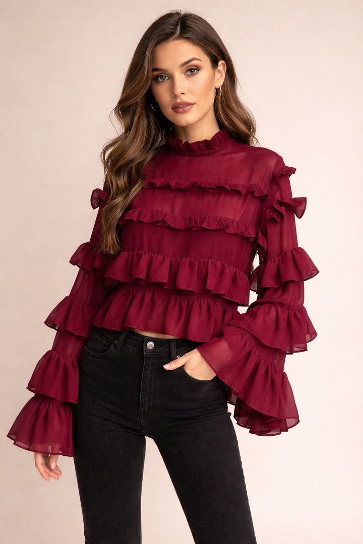 sheer ruffle blouse with layered sleeves – NUDE