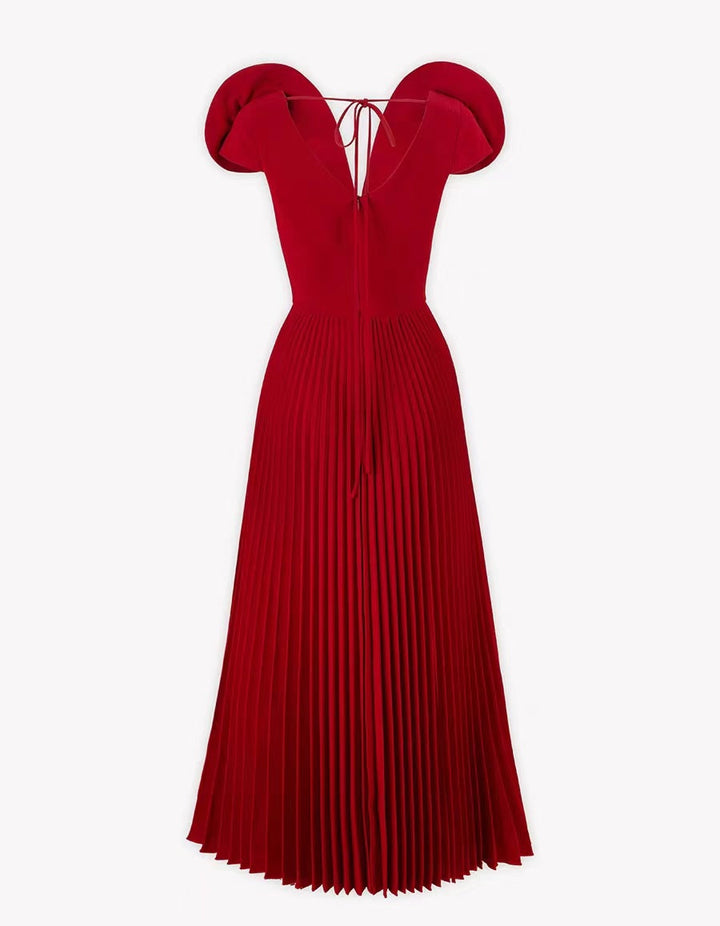cap sleeve pleated maxi dress with floral shoulder details – NUDE