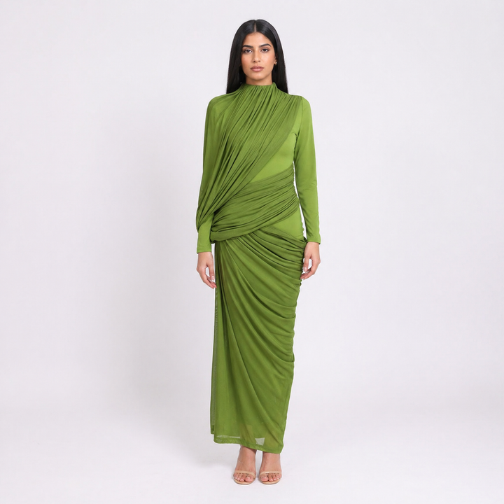 Olive Green Draped Asymmetric Midi Dress - VERDÉA