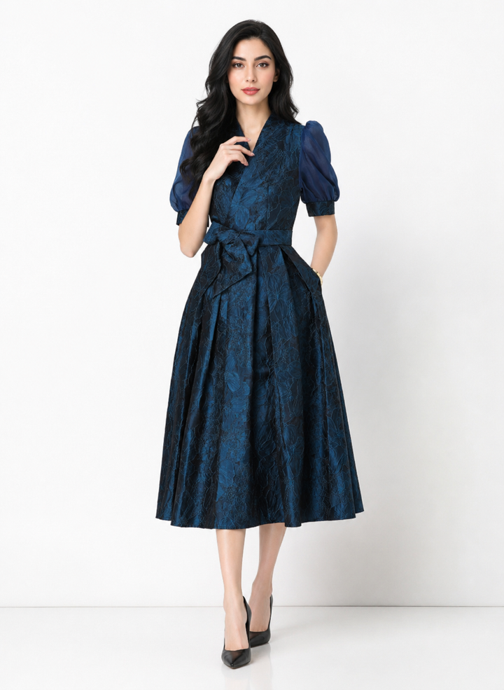 Elegant Floral Jacquard Midi Dress - Midnight