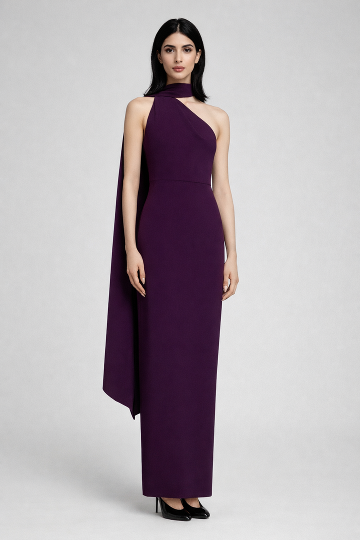 one-shoulder column dress with draped cape panel – VIOLET