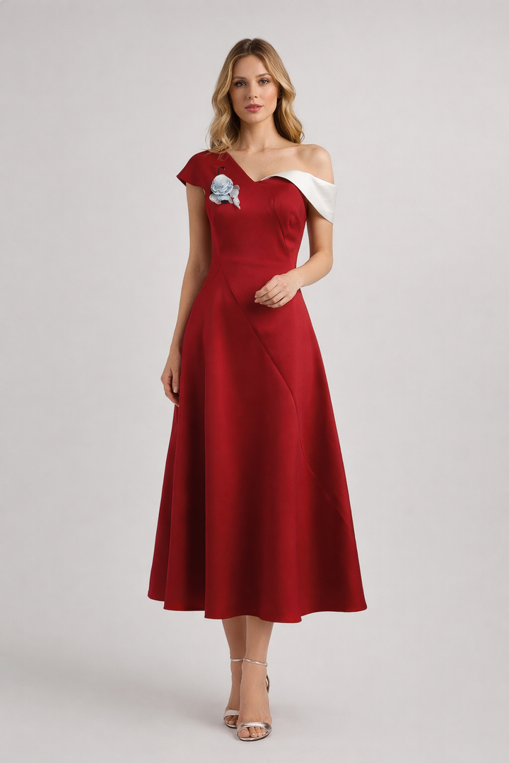 one shoulder satin midi dress with floral detail – SCARLET