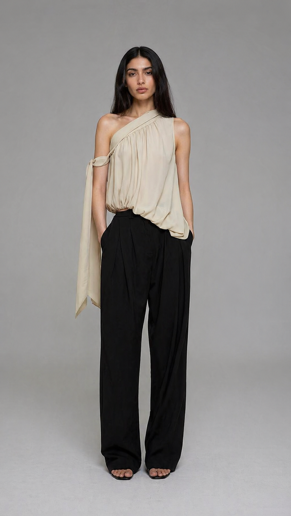 Beige One-Shoulder Draped Top – ÉLORA