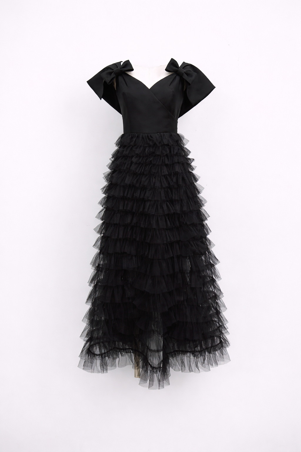 off-shoulder tulle midi dress with layered ruffles and bow straps – NOIRS