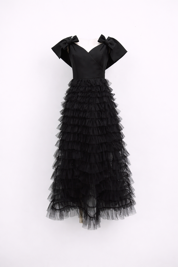 off-shoulder tulle midi dress with layered ruffles and bow straps – NOIRS