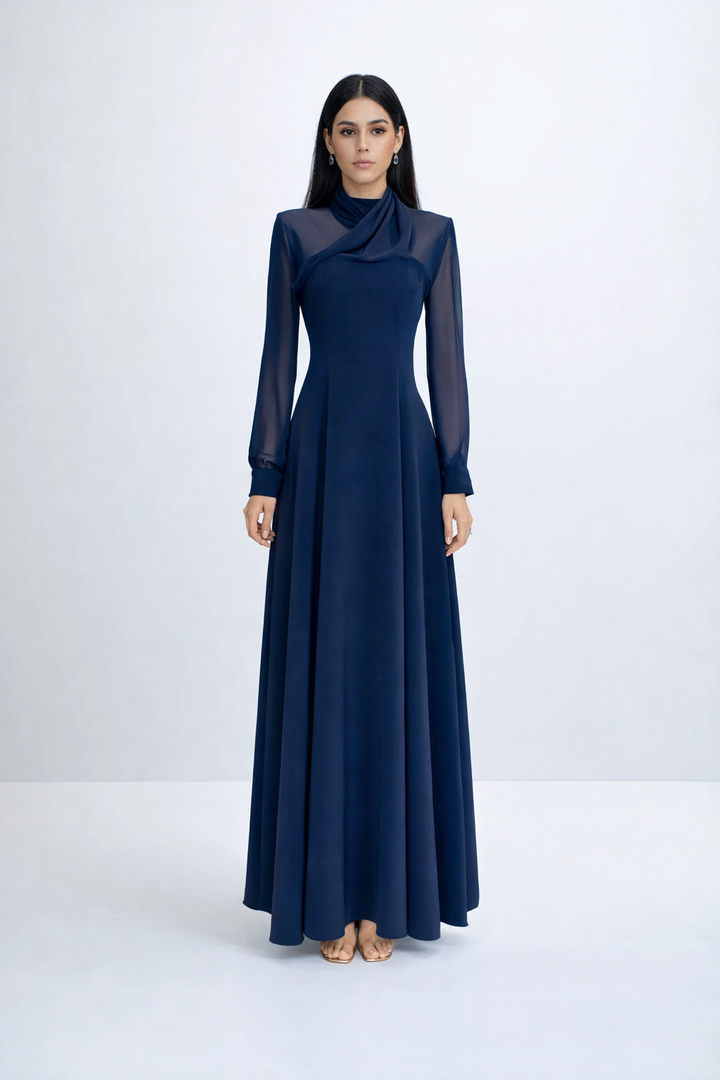 high-neck maxi dress with sheer sleeves – CELESTE