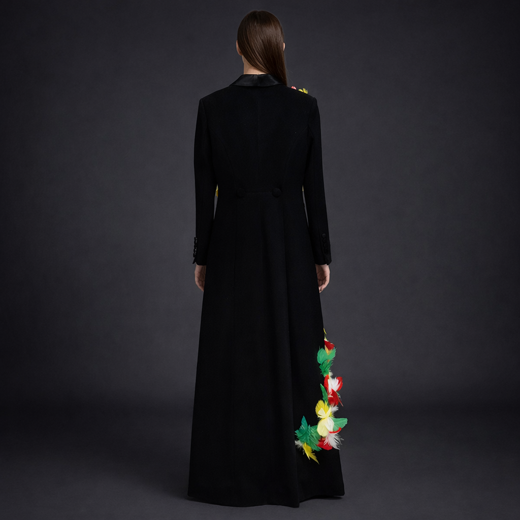 long-sleeve blazer coat with feather floral embellishments – FLORÉA