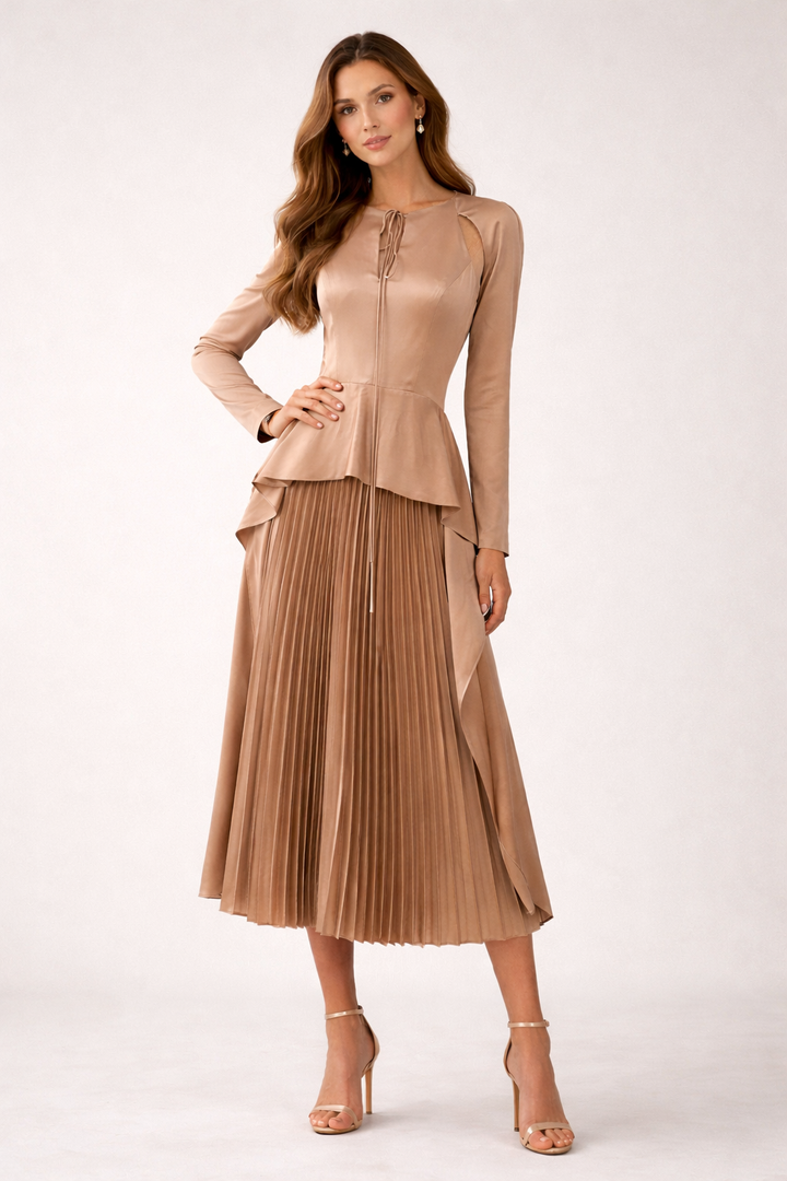 long sleeve satin peplum dress with pleated skirt and draped side panels – CARAMEL