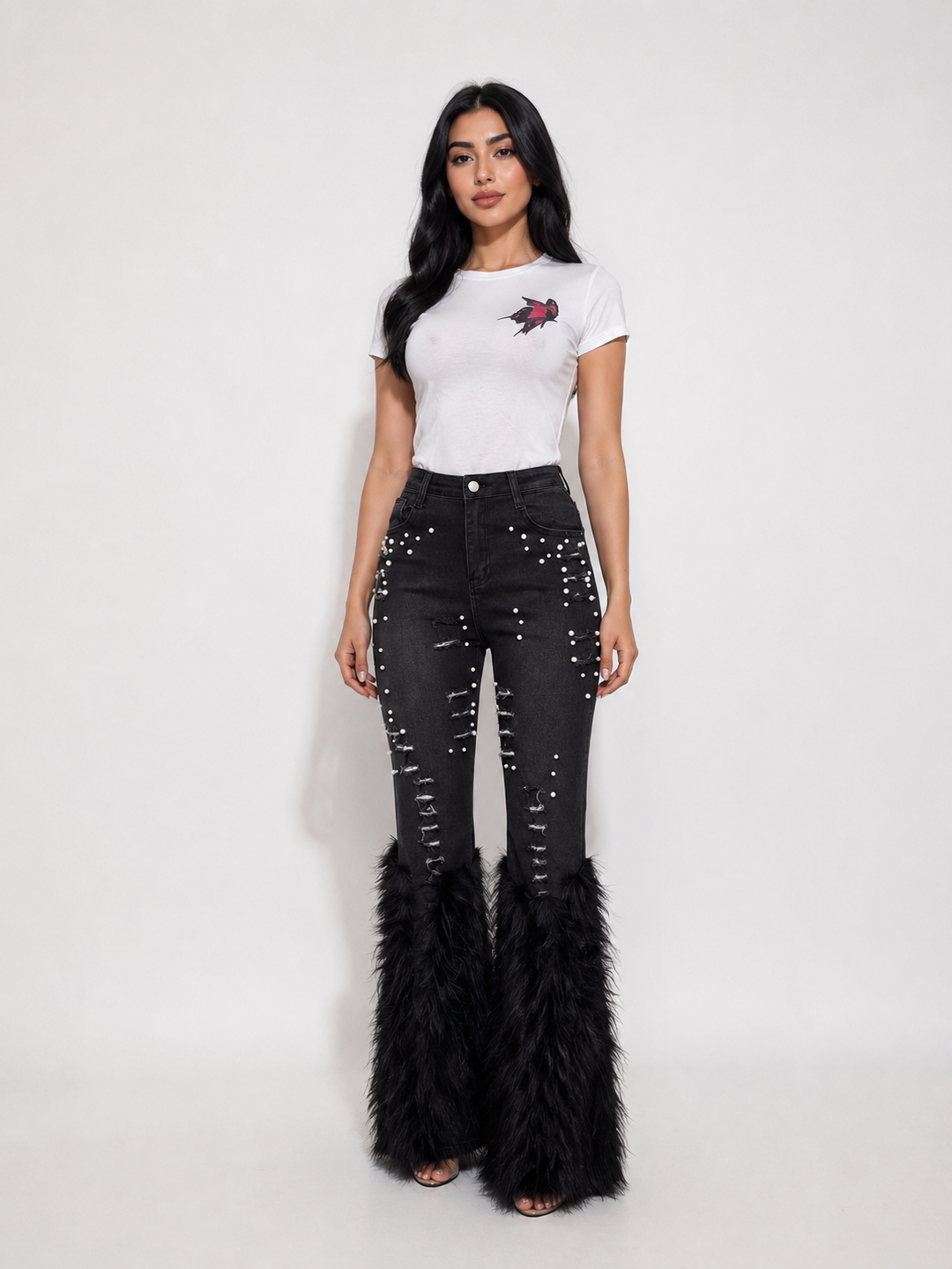 Pearl Distressed Feather Hem Jeans - Luxe
