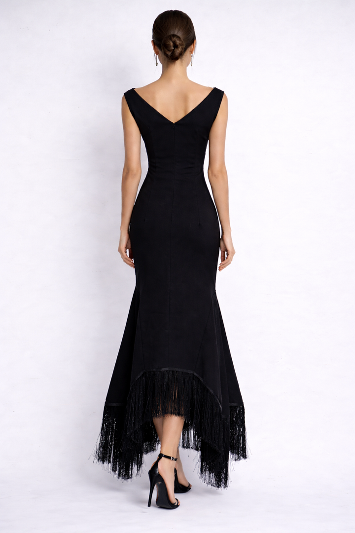 sleeveless mermaid dress with asymmetrical fringe hem – NOIRS