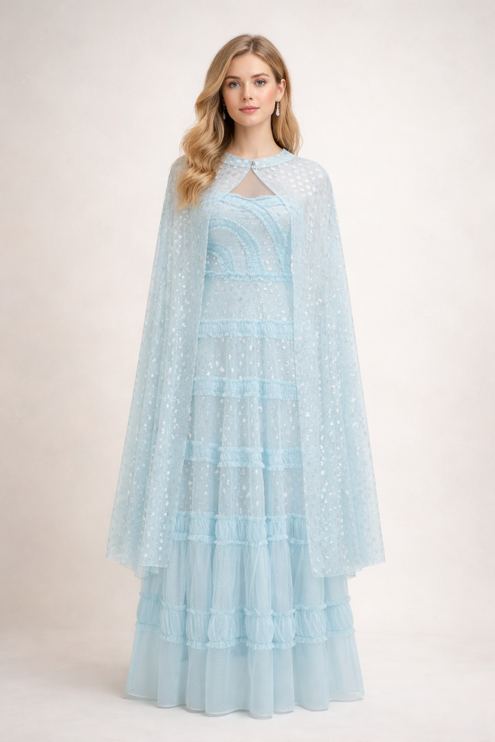 layered tulle maxi dress with sheer cape overlay – AZURE