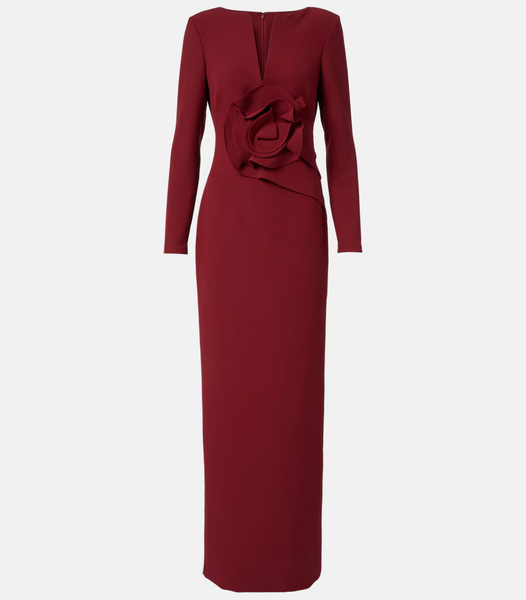 long-sleeve column gown with sculpted floral waist – SASYON-1