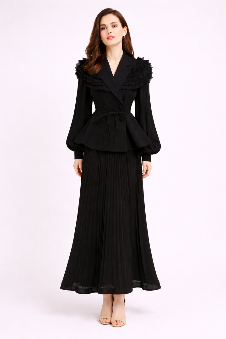 pleated maxi skirt set with ruffle collar blazer - AZURE