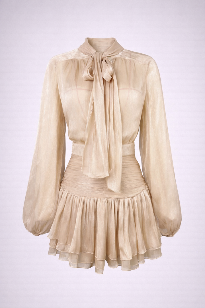Elegant Green Sheer Bow Mini Dress-RENAL