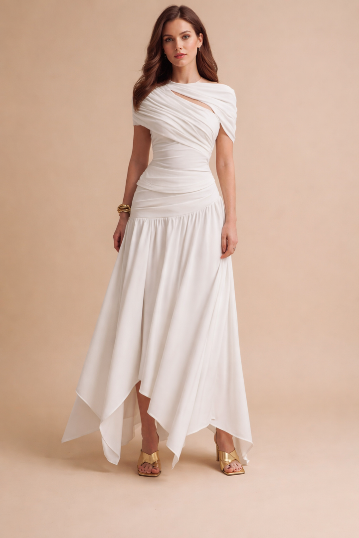 asymmetric ruched evening dress with draped neckline – VEIL