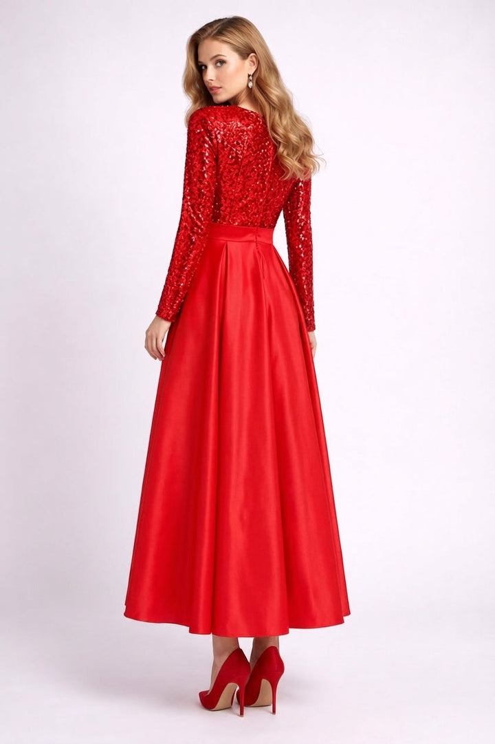 long-sleeve sequin bodice satin maxi dress – SILVÉRA